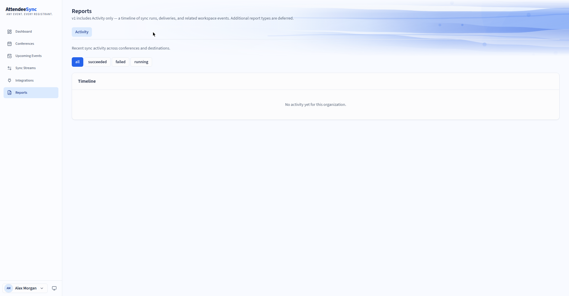 Activity report showing sync history