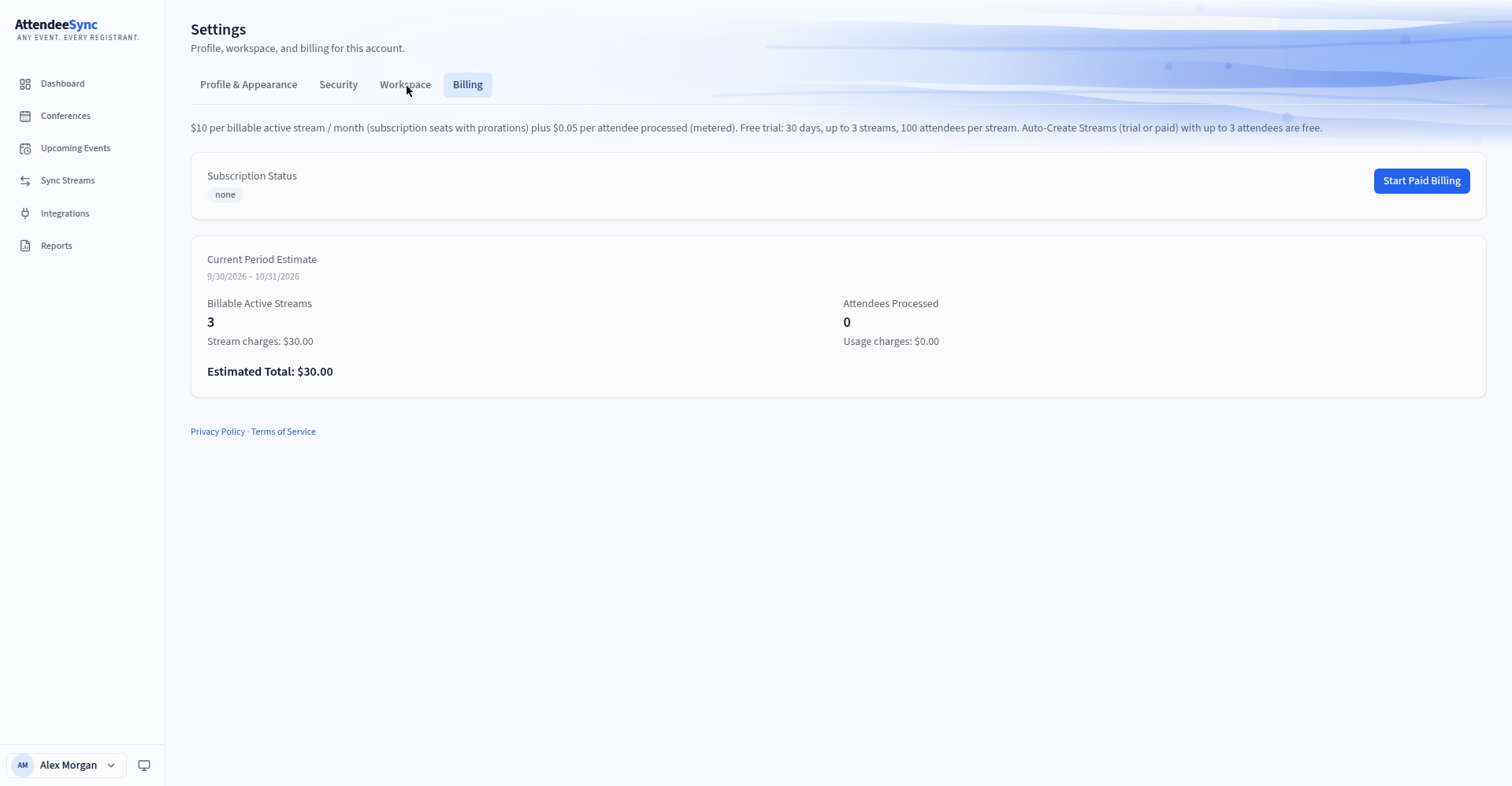 Billing page showing usage