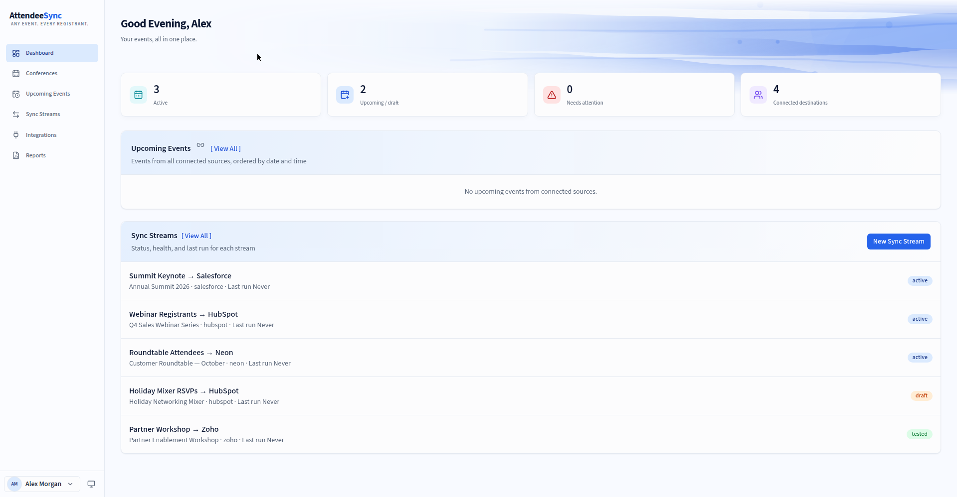 AttendeeSync dashboard showing sync health overview